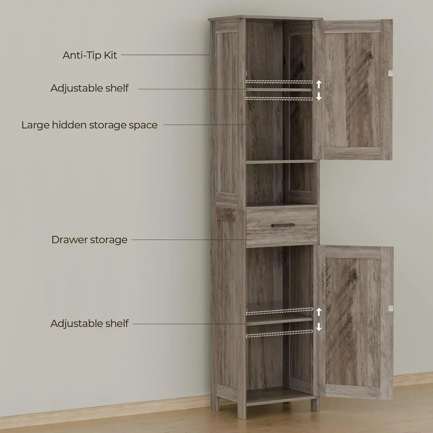 Homhedy 67" H Tall Bathroom Storage Cabinet with 2 Barn Doors and 1 Drawer Narrow Storage Unit