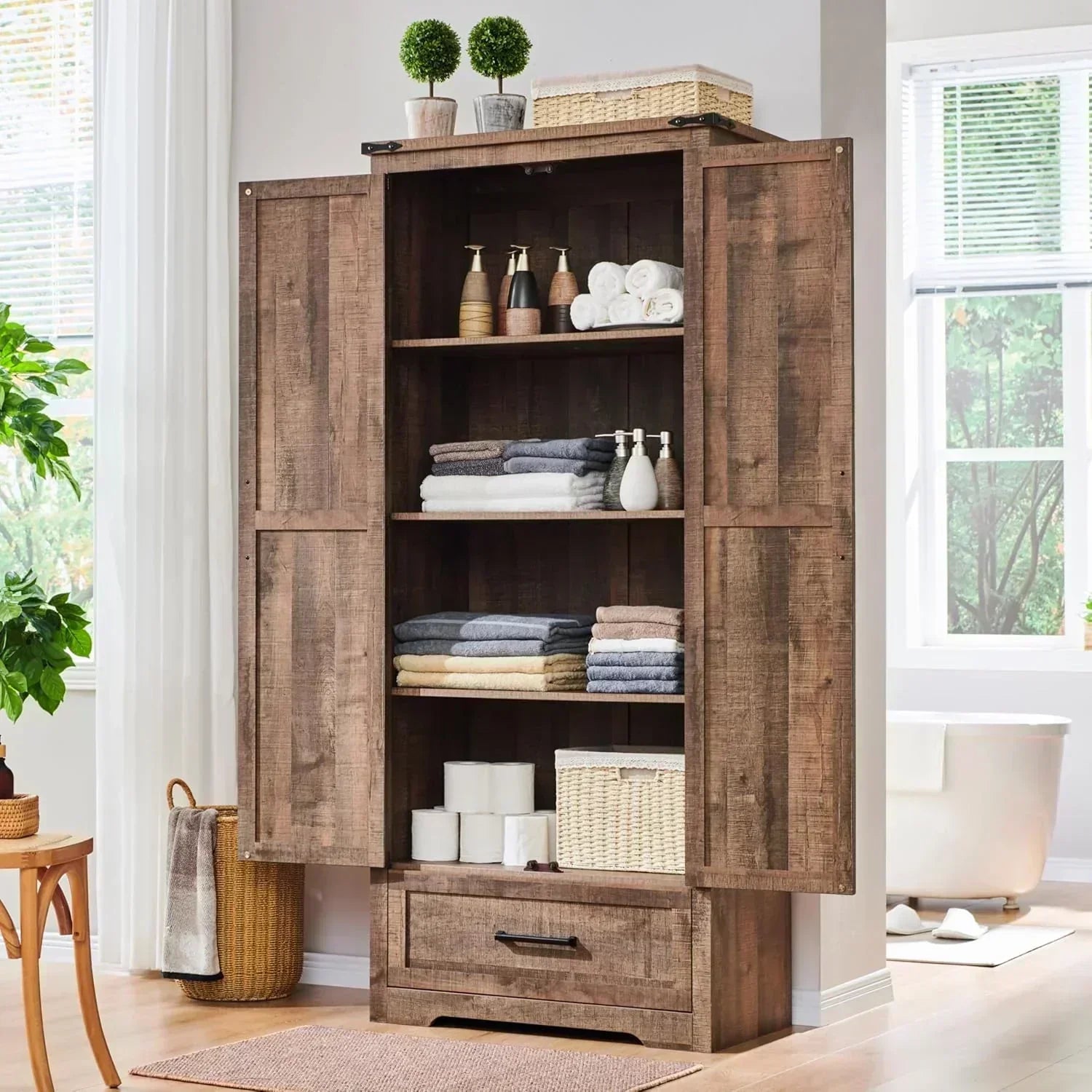 JXQTLINGMU Farmhouse Kitchen Pantry 72" Tall Wood Kitchen Storage Cabinet Adjustable Shelves