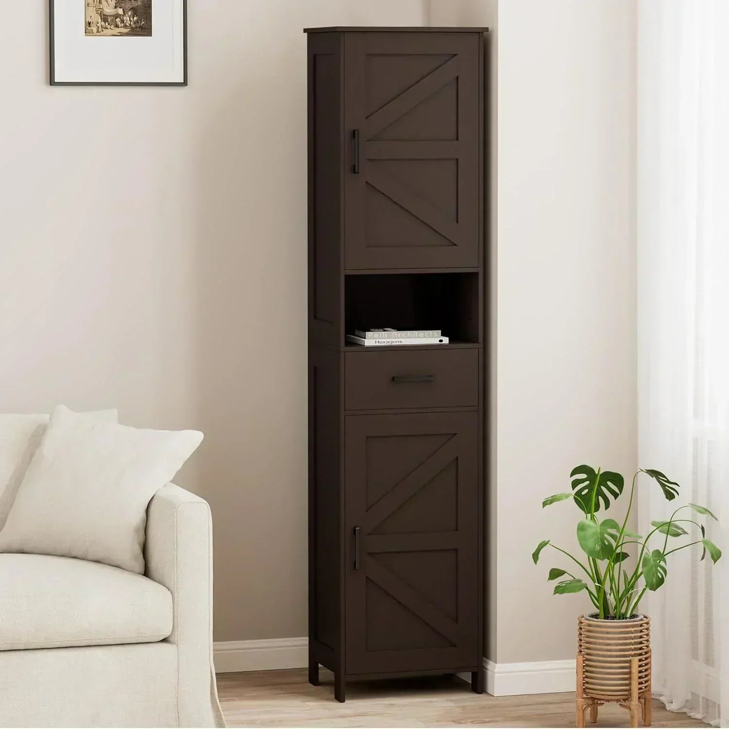 Homhedy 67" H Tall Bathroom Storage Cabinet with 2 Barn Doors and 1 Drawer Narrow Storage Unit