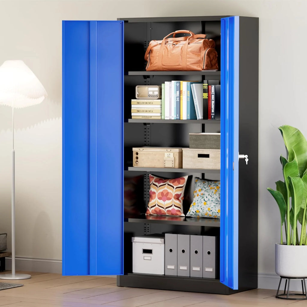 Greenvelly Metal Storage Cabinet, 72" Black Locking Metal Cabinet with 2 Doors and 4 Adjustable Shelves, Lockable Garage Storage Cabinets for Home Office, Garage, Kitchen, Living Room