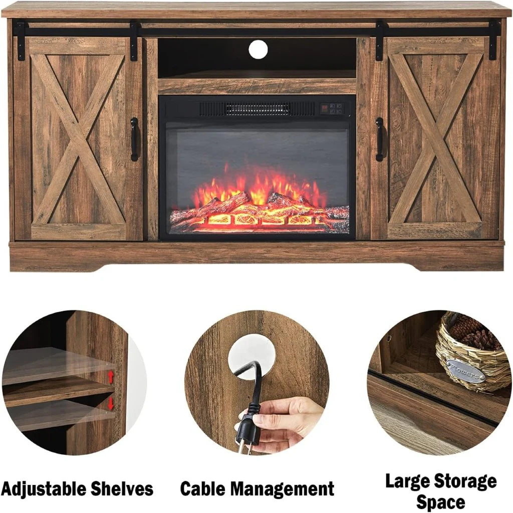 AMERLIFE Fireplace TV Stand with Sliding Barn Door for TVs up to 73", Farmhouse 63" Fireplace Entertainment Center with Storage Cabinets/Adjustable Shelves