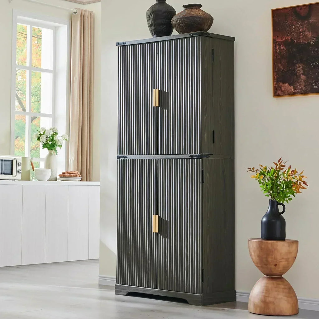 Fluted Pantry Cabinet 72" Tall Modern Storage Cabinet with 4 Doors Organizer Drawer