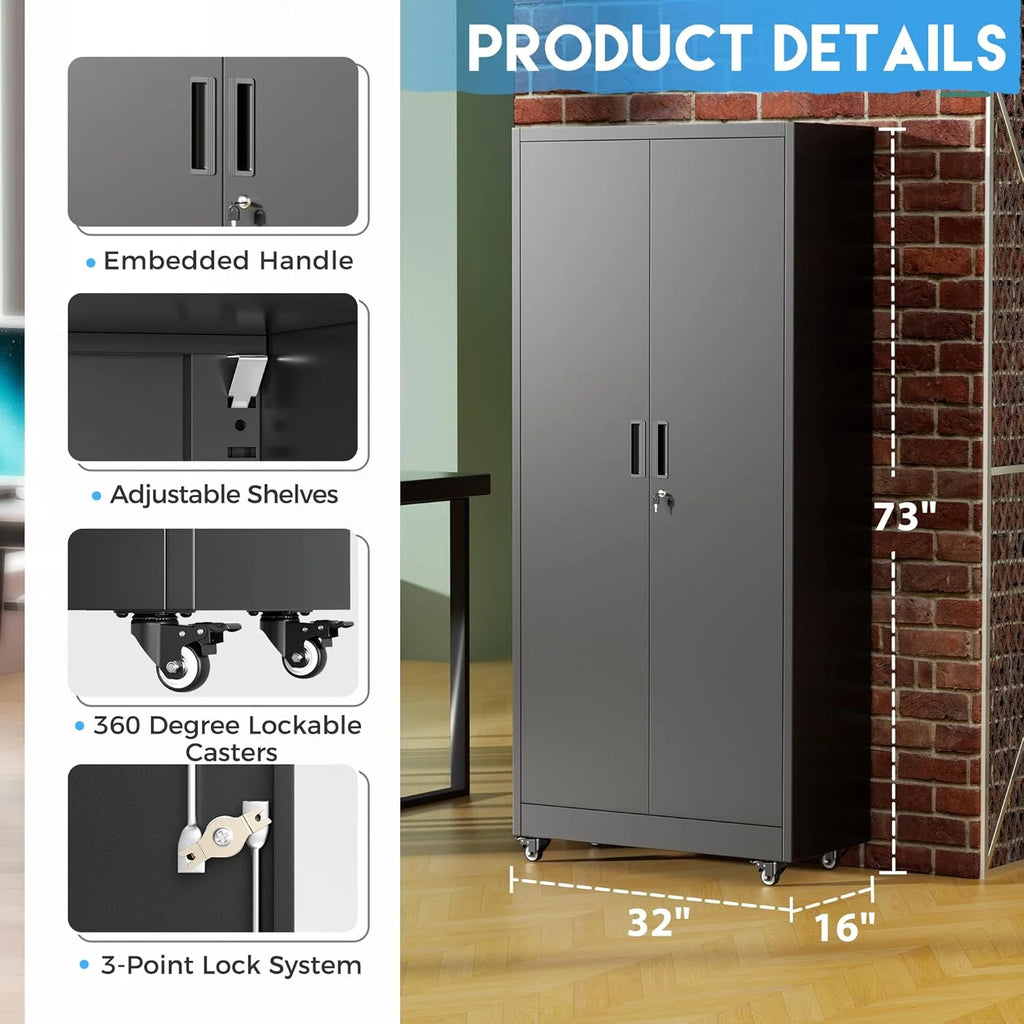 Greenvelly Metal Storage Cabinet, 72" Black Locking Metal Cabinet with 2 Doors and 4 Adjustable Shelves, Lockable Garage Storage Cabinets for Home Office, Garage, Kitchen, Living Room