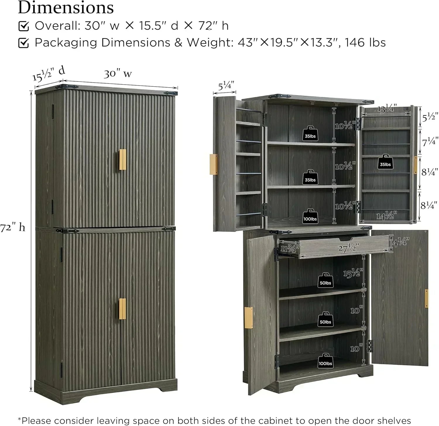Fluted Pantry Cabinet 72" Tall Modern Storage Cabinet with 4 Doors Organizer Drawer