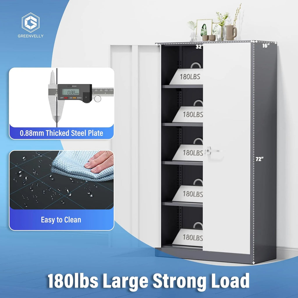Greenvelly Metal Storage Cabinet, 72" Black Locking Metal Cabinet with 2 Doors and 4 Adjustable Shelves, Lockable Garage Storage Cabinets for Home Office, Garage, Kitchen, Living Room