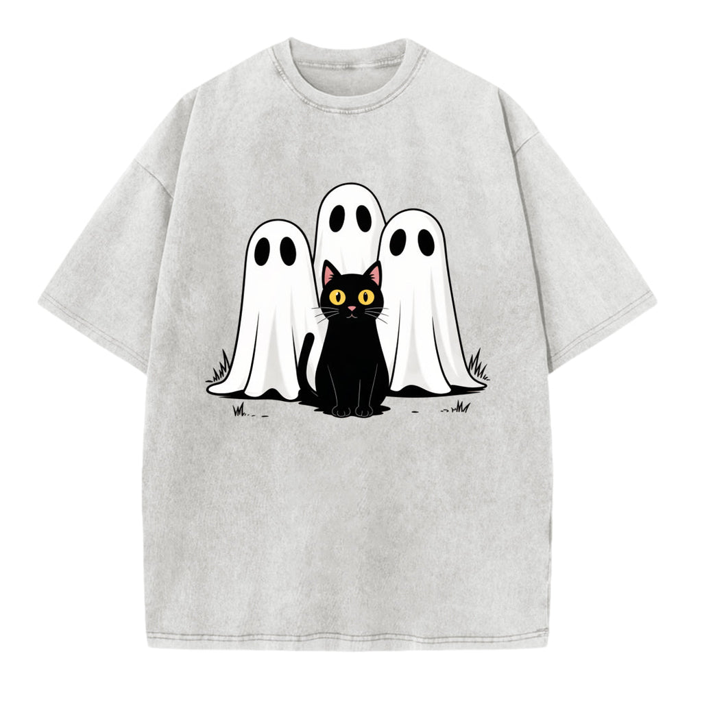 Funny Ghosts & Black Cat Print Vintage Washed T-shirt