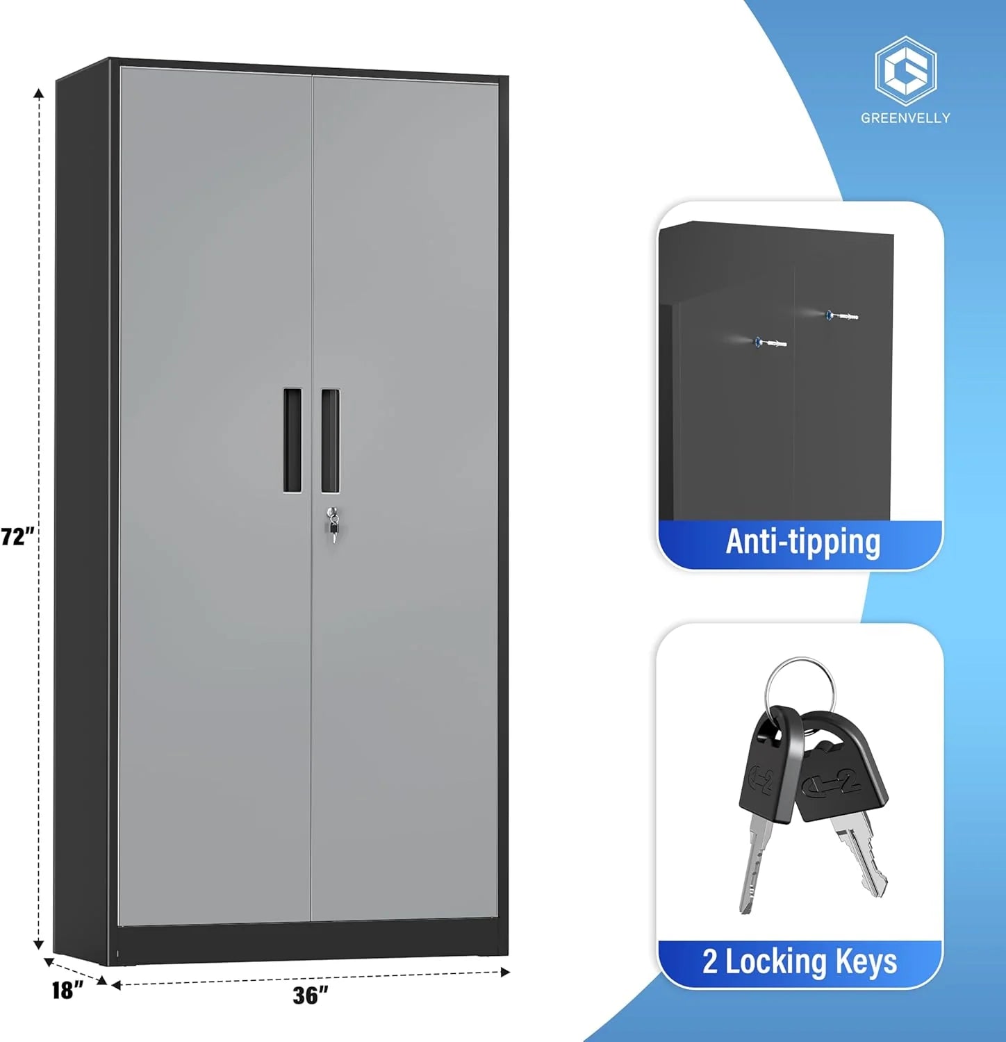 Greenvelly Metal Storage Cabinet, 72" Black Locking Metal Cabinet with 2 Doors and 4 Adjustable Shelves, Lockable Garage Storage Cabinets for Home Office, Garage, Kitchen, Living Room