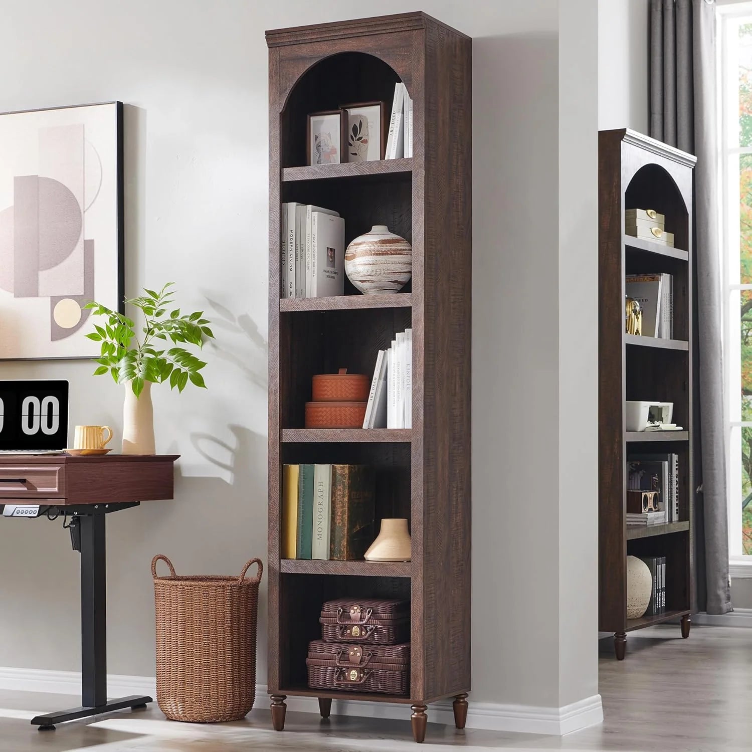 IFGET 76" Tall Arched Bookcase Farmhouse 5 Tiers Large Arched Bookshelf Cabinet Adjustable Shelves