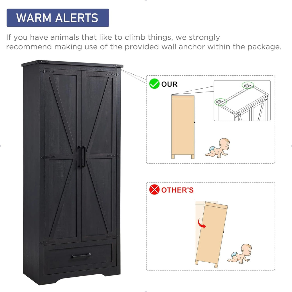 JXQTLINGMU Farmhouse Kitchen Pantry - 72" Tall Wood Kitchen Storage Cabinet with Adjustable Shelves and 2 Barn-Style Doors and Drawers