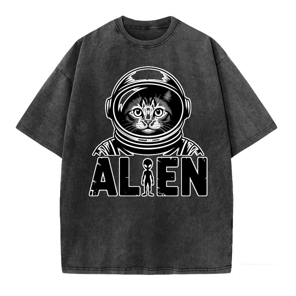 Vintage Space Cat Graphic Washed T-Shirt