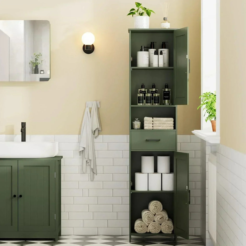 Homhedy 67" H Tall Bathroom Storage Cabinet with 2 Barn Doors and 1 Drawer Narrow Storage Unit