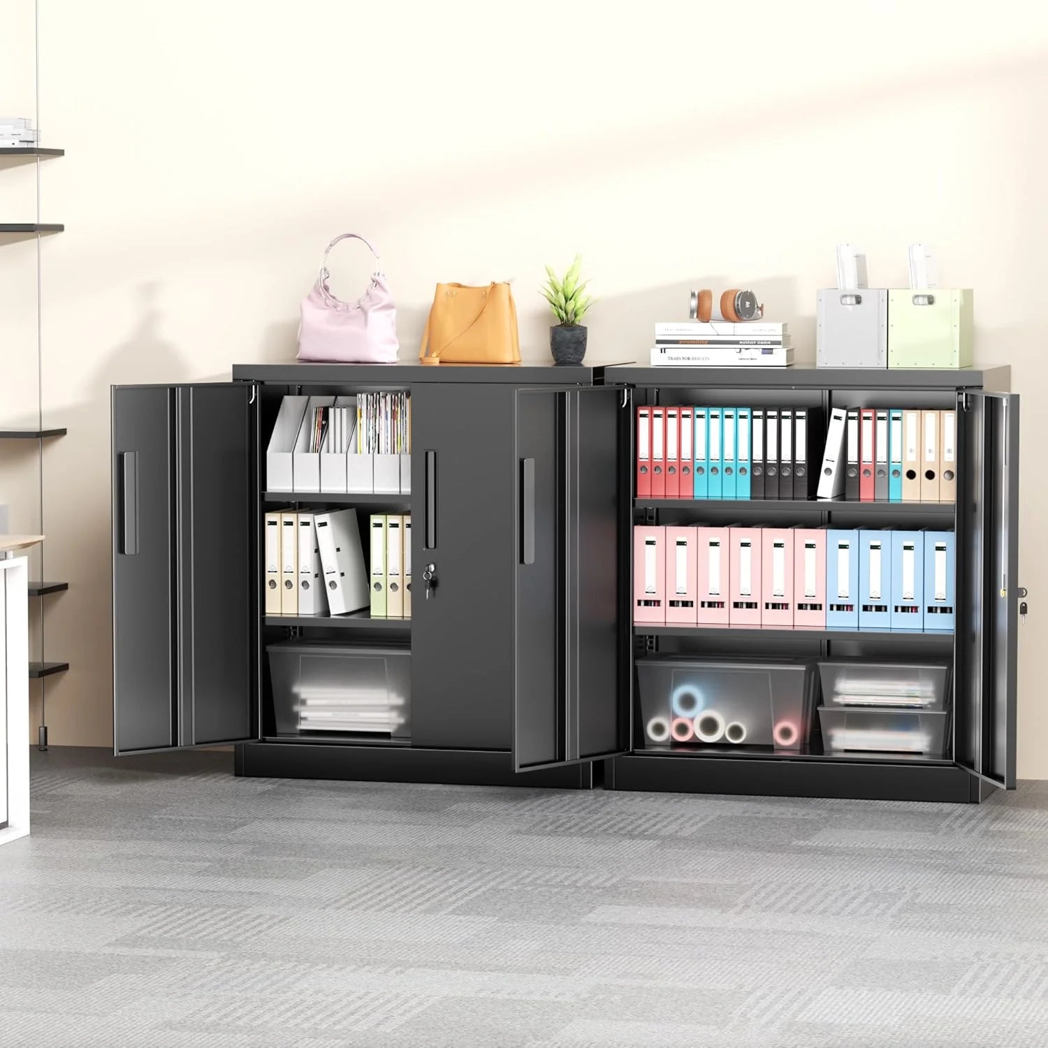 Greenvelly Metal Storage Cabinet, 72" Black Locking Metal Cabinet with 2 Doors and 4 Adjustable Shelves, Lockable Garage Storage Cabinets for Home Office, Garage, Kitchen, Living Room