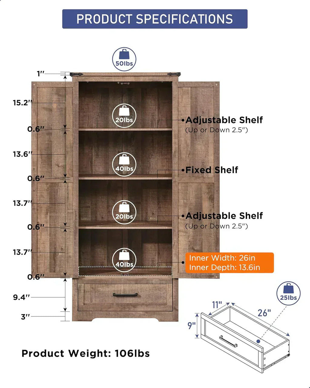 JXQTLINGMU Farmhouse Kitchen Pantry 72" Tall Wood Kitchen Storage Cabinet Adjustable Shelves