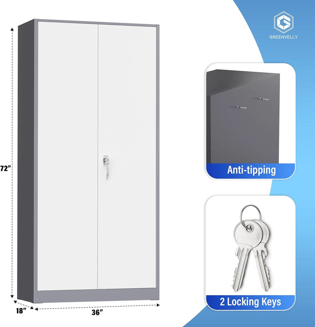 Greenvelly Metal Storage Cabinet, 72" Black Locking Metal Cabinet with 2 Doors and 4 Adjustable Shelves, Lockable Garage Storage Cabinets for Home Office, Garage, Kitchen, Living Room