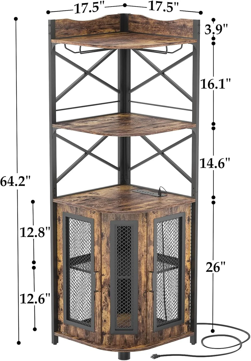 Corner bar cabinet with power socket, industrial style wine cabinet with LED light strip and glass rack, home five-layer wine cabinet bar unit, small space corner display cabinet