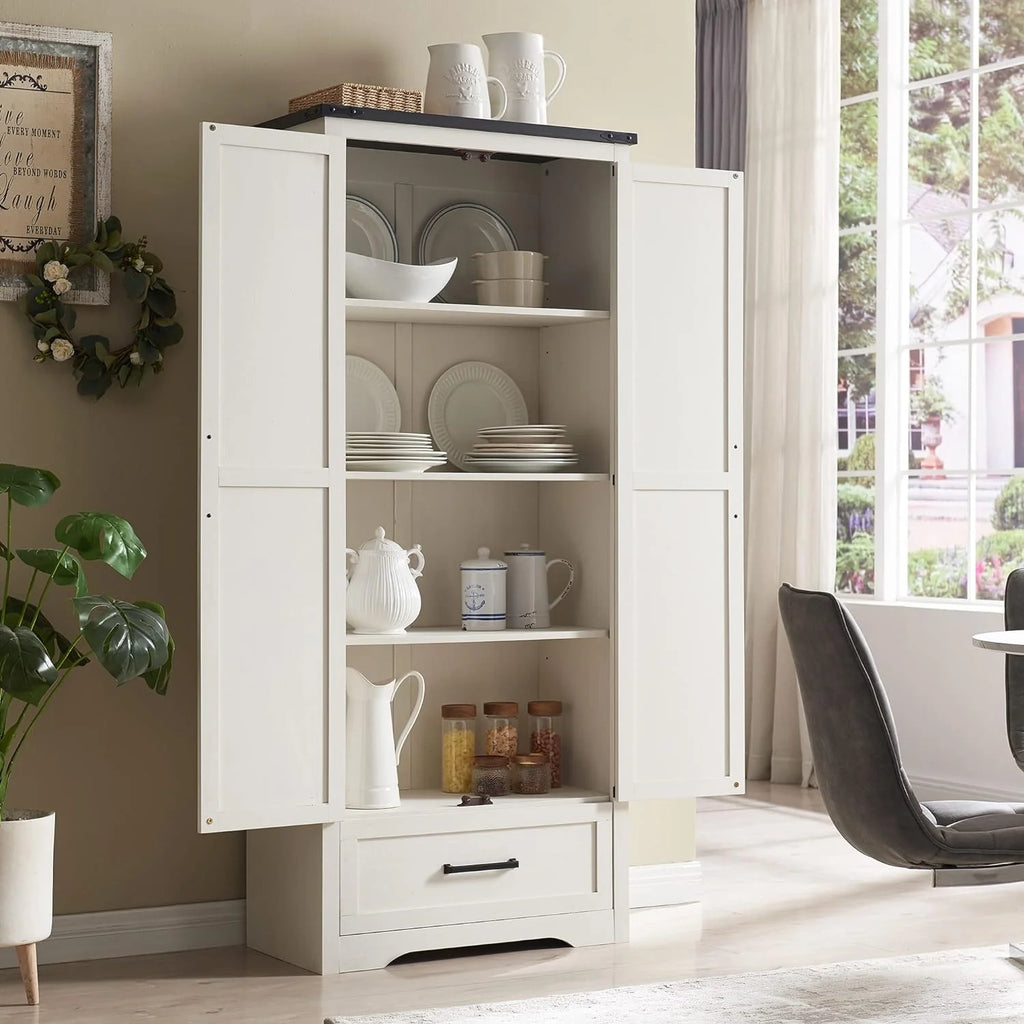 JXQTLINGMU Farmhouse Kitchen Pantry - 72" Tall Wood Kitchen Storage Cabinet with Adjustable Shelves and 2 Barn-Style Doors and Drawers