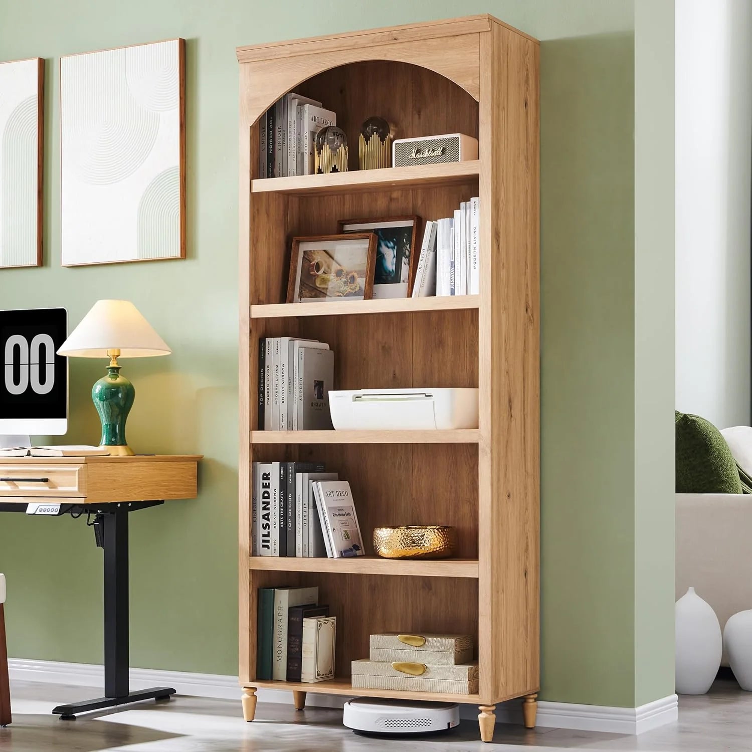 IFGET 76" Tall Arched Bookcase Farmhouse 5 Tiers Large Arched Bookshelf Cabinet Adjustable Shelves