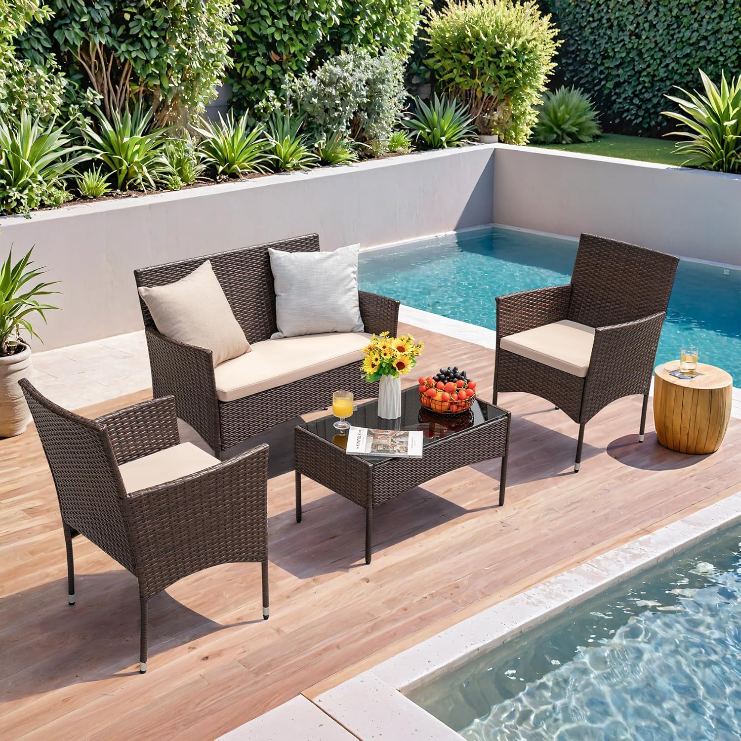 Homall 4-piece outdoor patio furniture set rattan chair wicker set