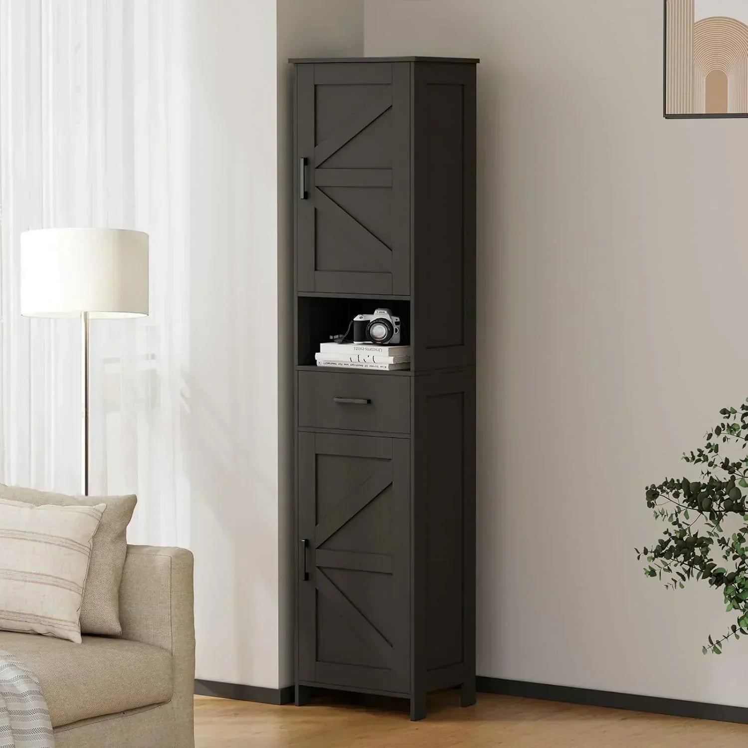 Homhedy 67" H Tall Bathroom Storage Cabinet with 2 Barn Doors and 1 Drawer Narrow Storage Unit