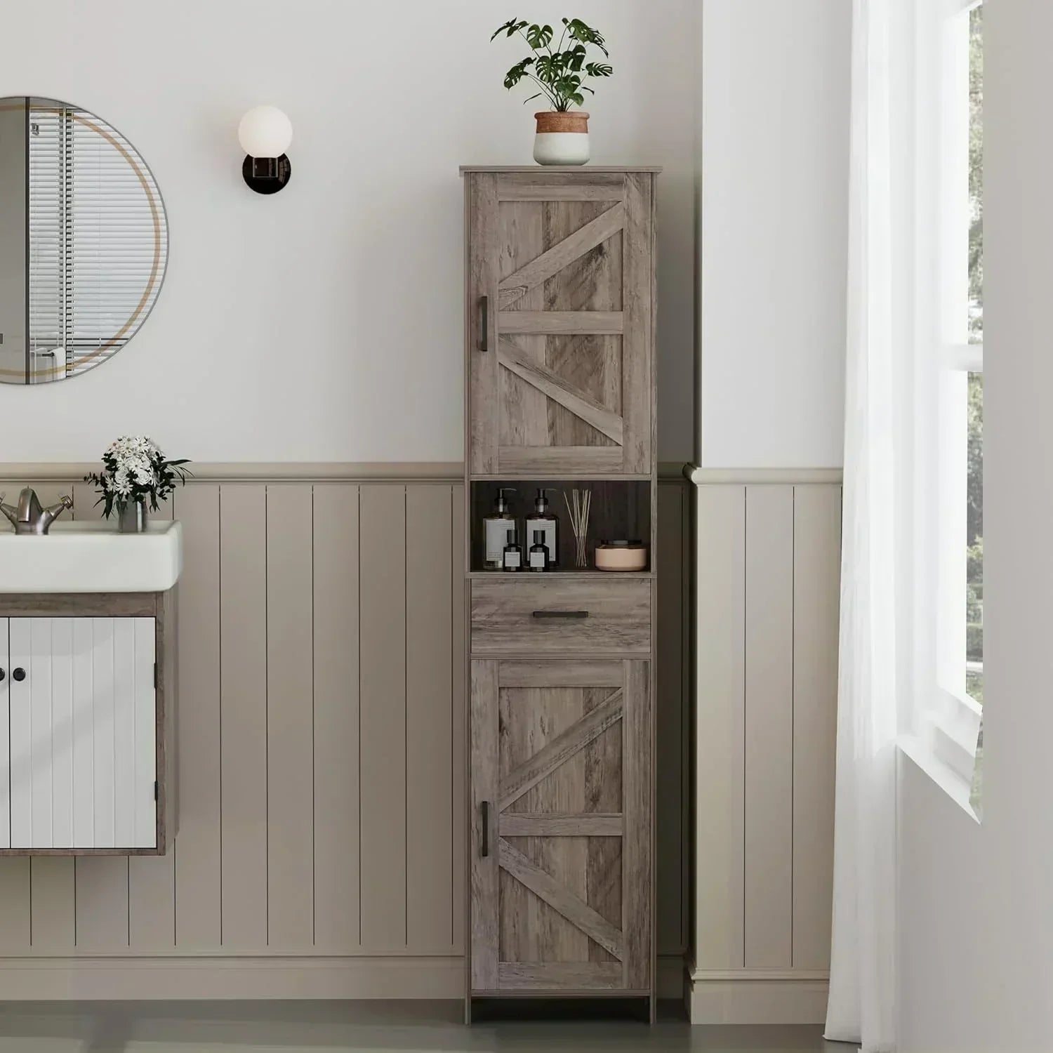 Homhedy 67" H Tall Bathroom Storage Cabinet with 2 Barn Doors and 1 Drawer Narrow Storage Unit