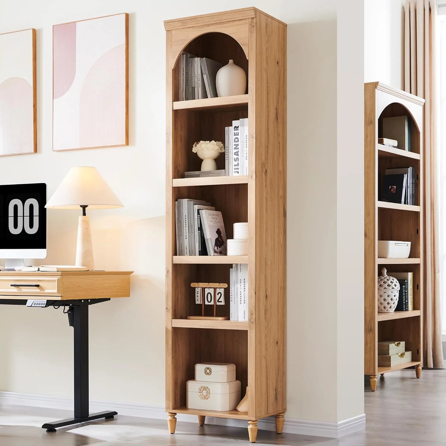 IFGET 76" Tall Arched Bookcase Farmhouse 5 Tiers Large Arched Bookshelf Cabinet Adjustable Shelves