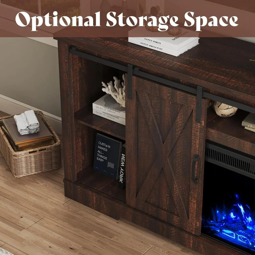 AMERLIFE Fireplace TV Stand with Sliding Barn Door for TVs up to 73", Farmhouse 63" Fireplace Entertainment Center with Storage Cabinets/Adjustable Shelves