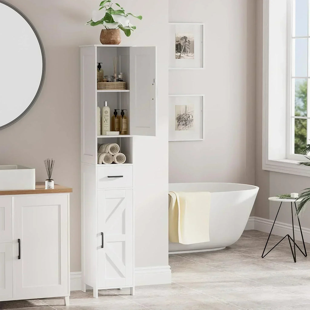 Homhedy 67" H Tall Bathroom Storage Cabinet with 2 Barn Doors and 1 Drawer Narrow Storage Unit