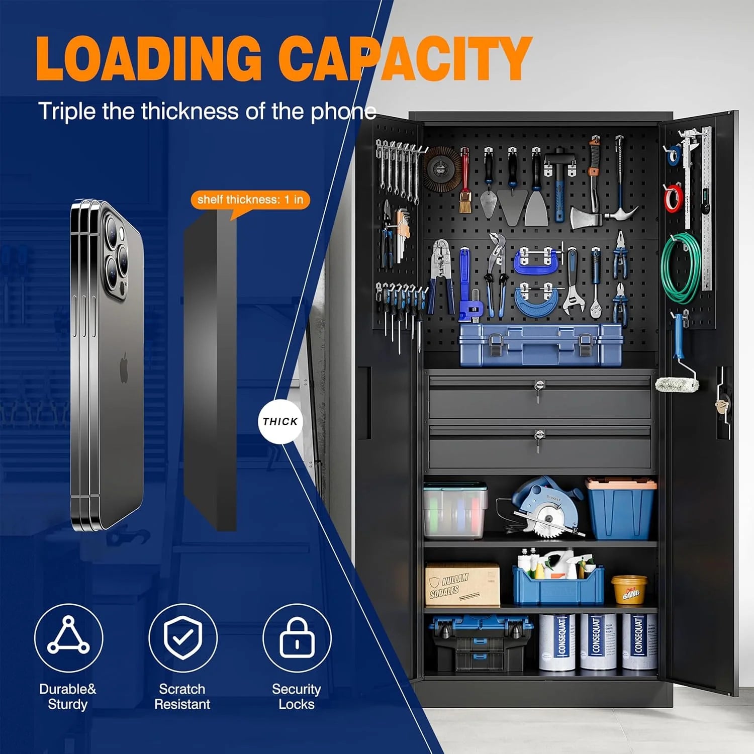 Yizosh Metal Garage Storage Cabinet with Locking Doors and 2 Drawers, Heavy Duty Steel Tool Cabinet with Pegboard, 71" - Lockable Cabinets for Garage, Warehouse, Basement (Black)