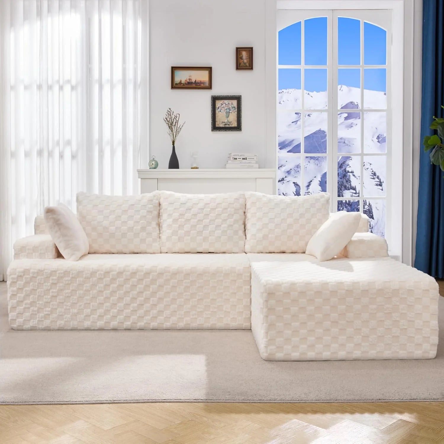 Modular Sectional Sofa Couches L-Shape Couch 3 Seat Modular Sofa Memory Foam Sectional Couches for Living Room, Cloud Couch with Oversized Chaise (Grey Stripe, 96" Left Facing Chaise)
