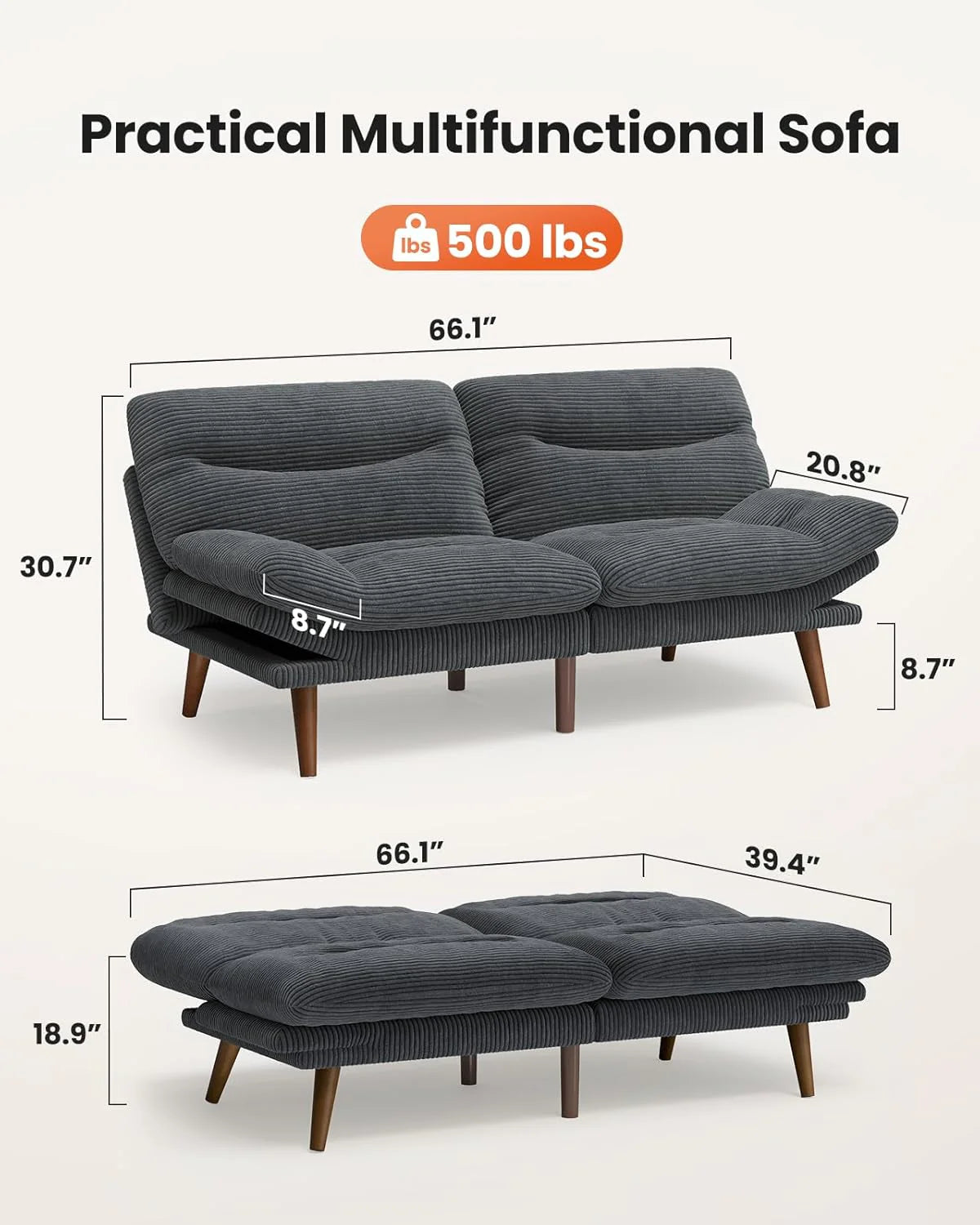 Pipishell Convertible Futon Sofa Bed,66" Corduroy Futon Couch with Adjustable Backrest and Armrests, Recliner Sleeper Sofa for Small Spaces, Play Room or Office, Grey