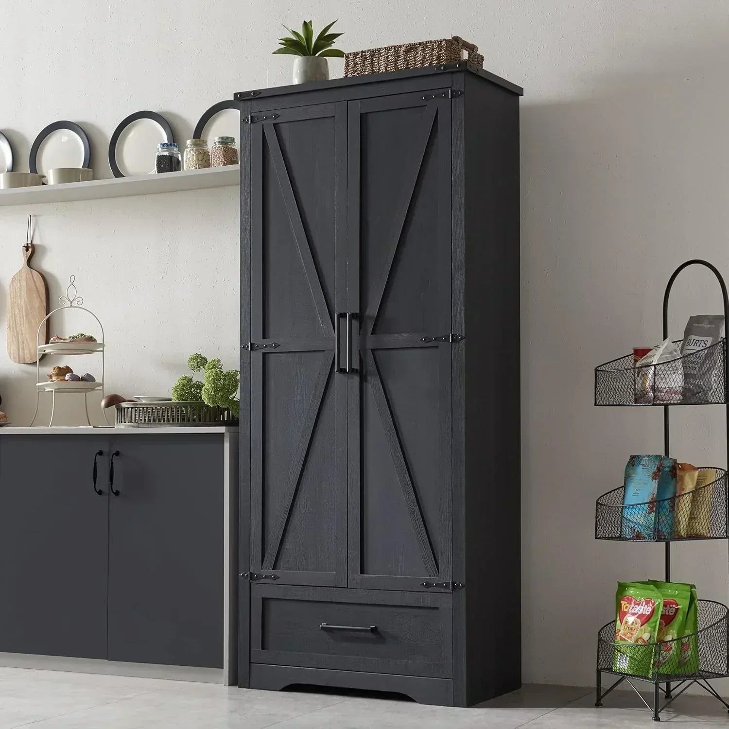 JXQTLINGMU Farmhouse Kitchen Pantry 72" Tall Wood Kitchen Storage Cabinet Adjustable Shelves