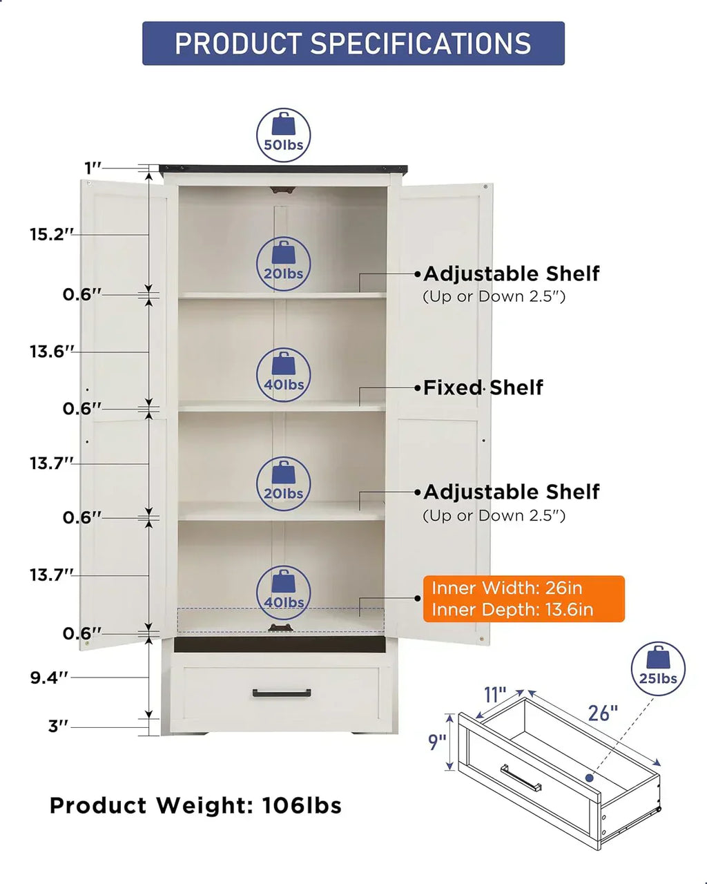 JXQTLINGMU Farmhouse Kitchen Pantry 72" Tall Wood Kitchen Storage Cabinet Adjustable Shelves