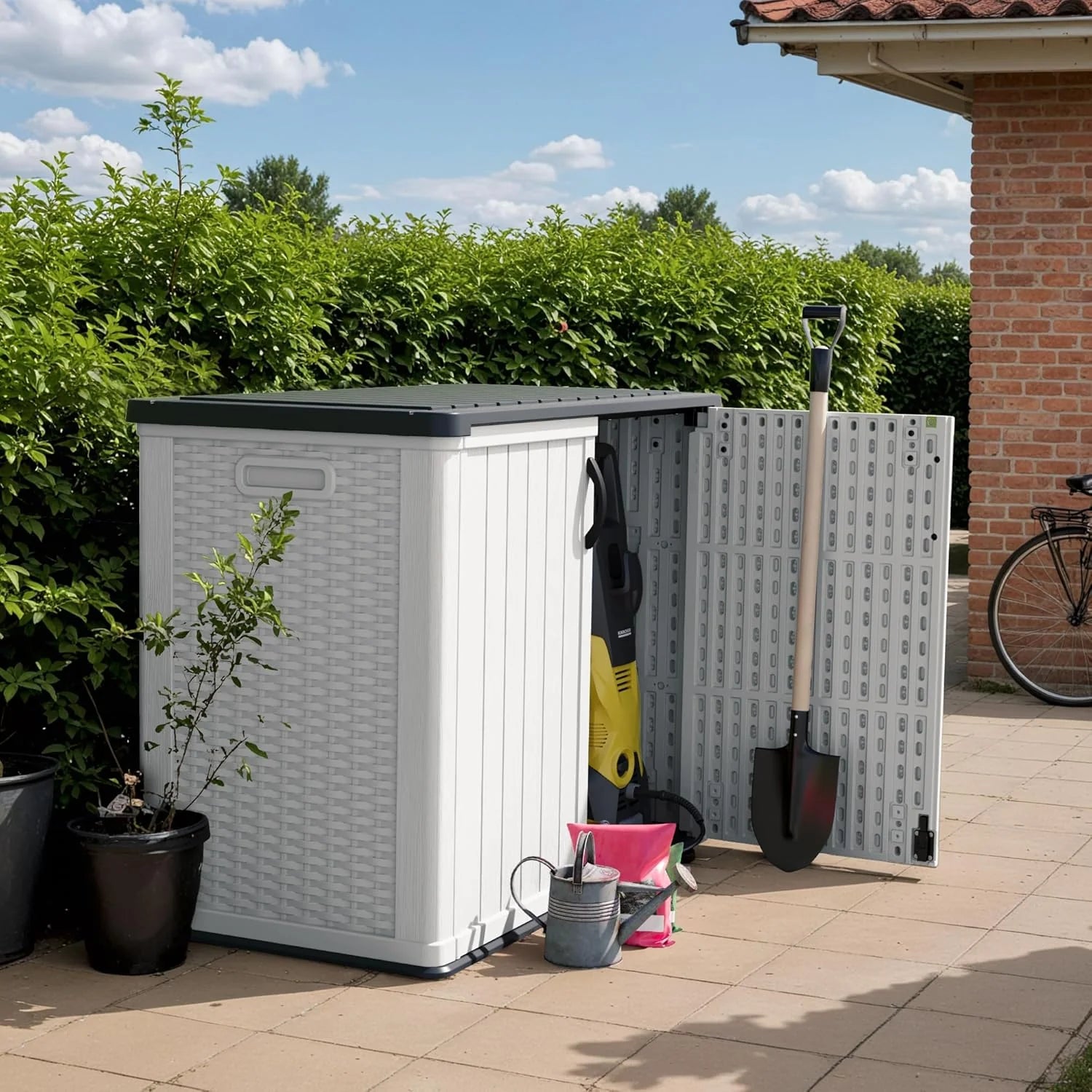 Devoko Outdoor Storage Cabinet 26 Cu Ft with Lockable Doors, Horizontal Storage Shed Waterproof Patio Tools Storage Box