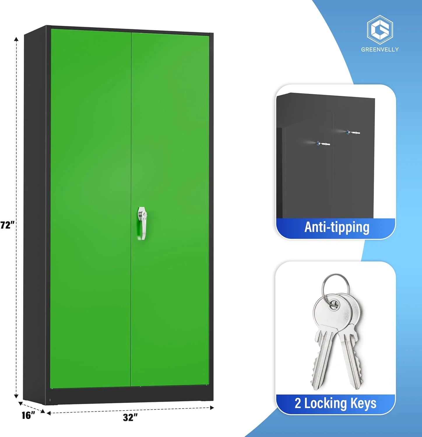 Greenvelly Metal Storage Cabinet, 72" Black Locking Metal Cabinet with 2 Doors and 4 Adjustable Shelves, Lockable Garage Storage Cabinets for Home Office, Garage, Kitchen, Living Room