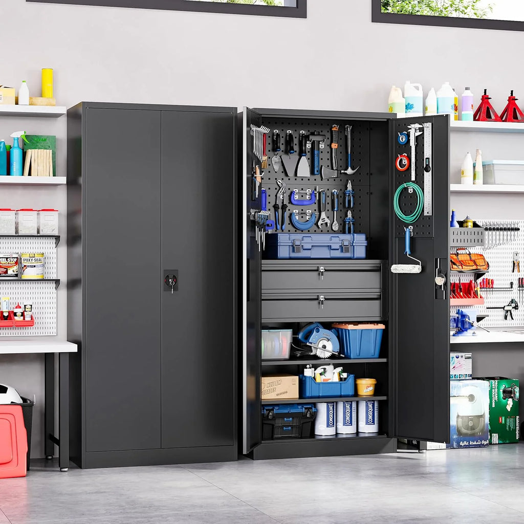 Yizosh Metal Garage Storage Cabinet with Locking Doors and 2 Drawers, Heavy Duty Steel Tool Cabinet with Pegboard, 71" - Lockable Cabinets for Garage, Warehouse, Basement (Black)