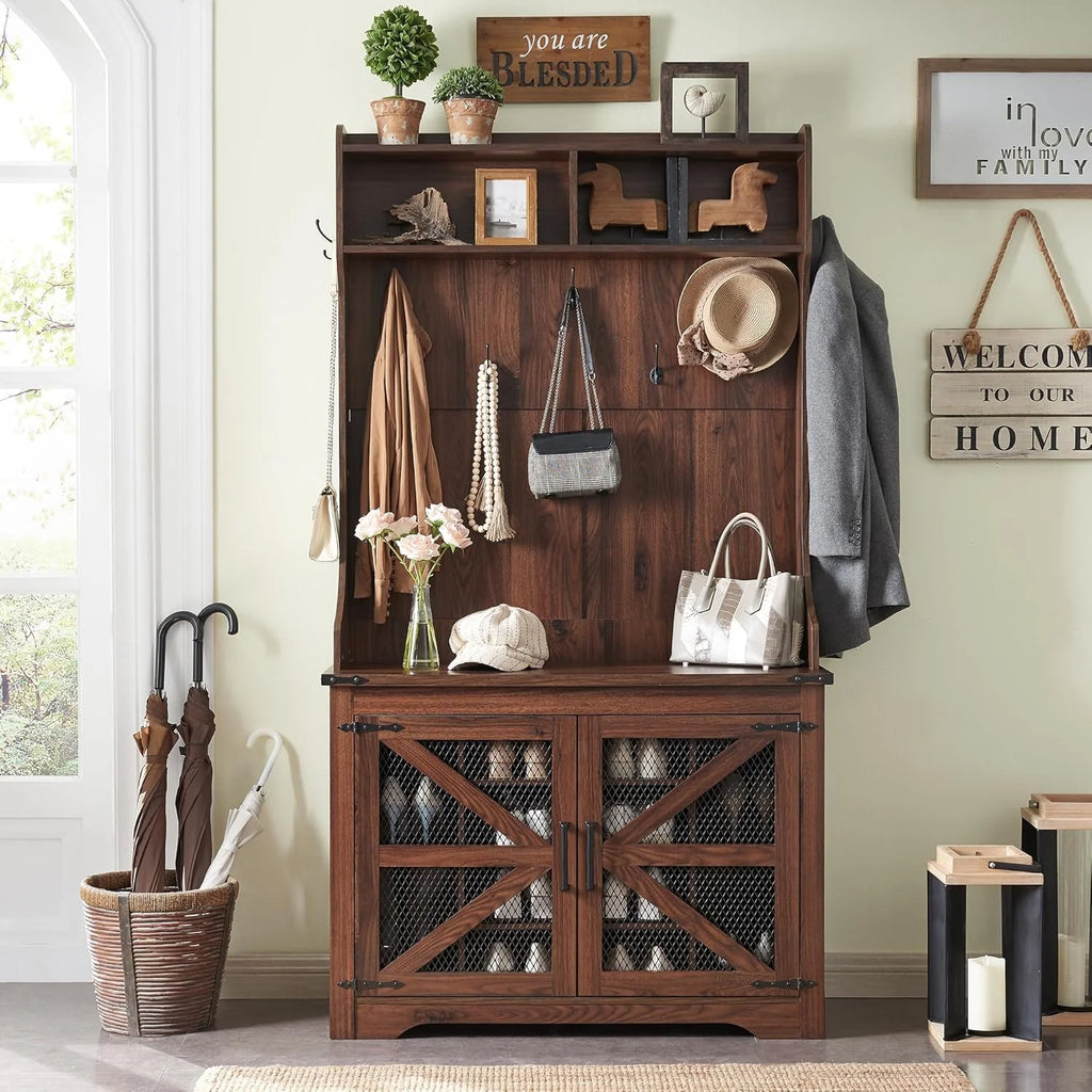 JXQTLINGMU 59" Farmhouse Hall Tree with Shoe Storage, Entryway Bench with 20 Cubbies, 12 Hooks & Sliding Barn Doors, Mudroom Coat Rack Cabinet, Off White