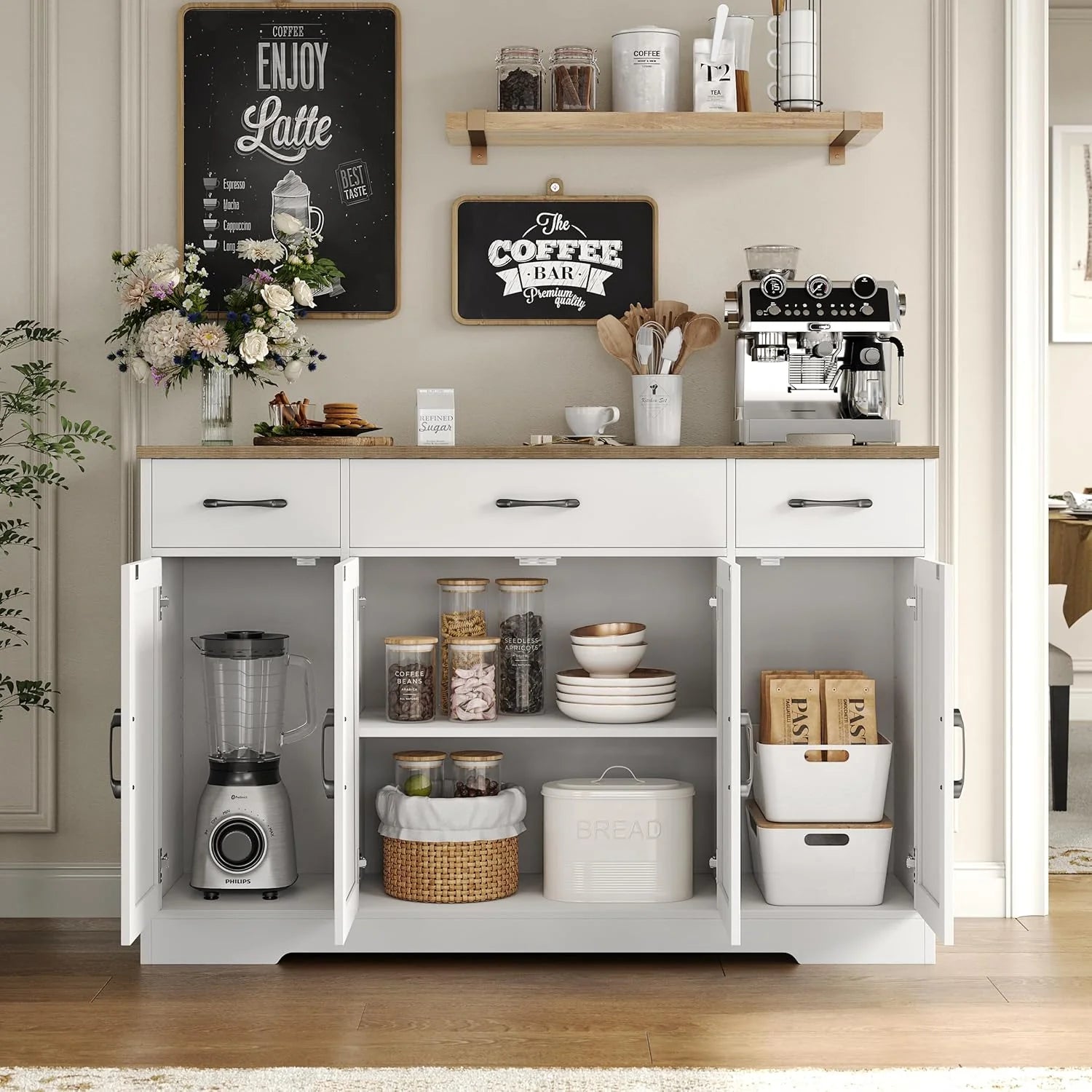 HOSTACK Buffet Cabinet with Drawers, 55" Large Sideboard Buffet Storage Cabinet with Shelves and Doors, Modern Farmhouse Coffee Bar Station Wood Kitchen Table for Kitchen, Dining Room, White/Rustic