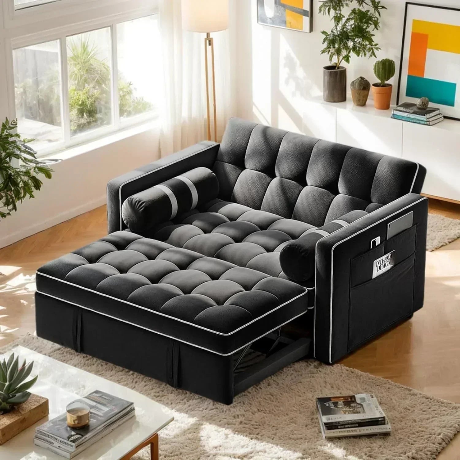 Pipishell 3 in 1 Convertible Sleeper Sofa Bed Pull Out Couch for Living Room USB Ports Side Pockets