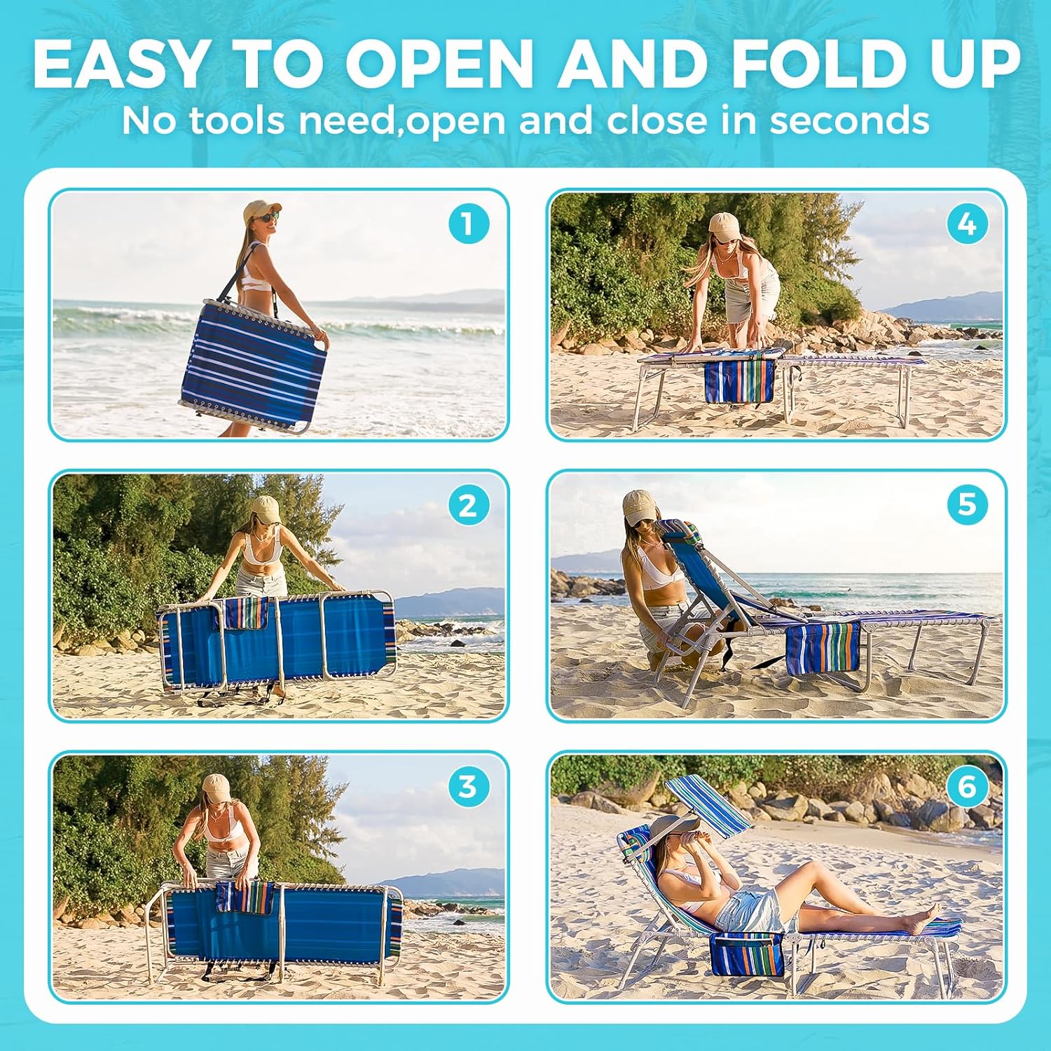 2 Pack Outdoor Chaise Lounge Chair - Portable Folding Patio Pool Lounge Chair, 5 Positions Adjustable Reclining Camping Chair with Side Table,Shoulder Strap, Pillow for Beach Sunbathing Lawn