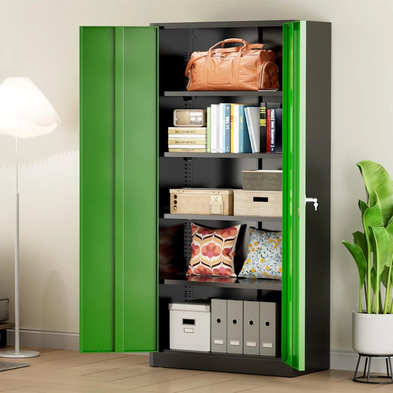 Greenvelly Metal Storage Cabinet, 72" Black Locking Metal Cabinet with 2 Doors and 4 Adjustable Shelves, Lockable Garage Storage Cabinets for Home Office, Garage, Kitchen, Living Room