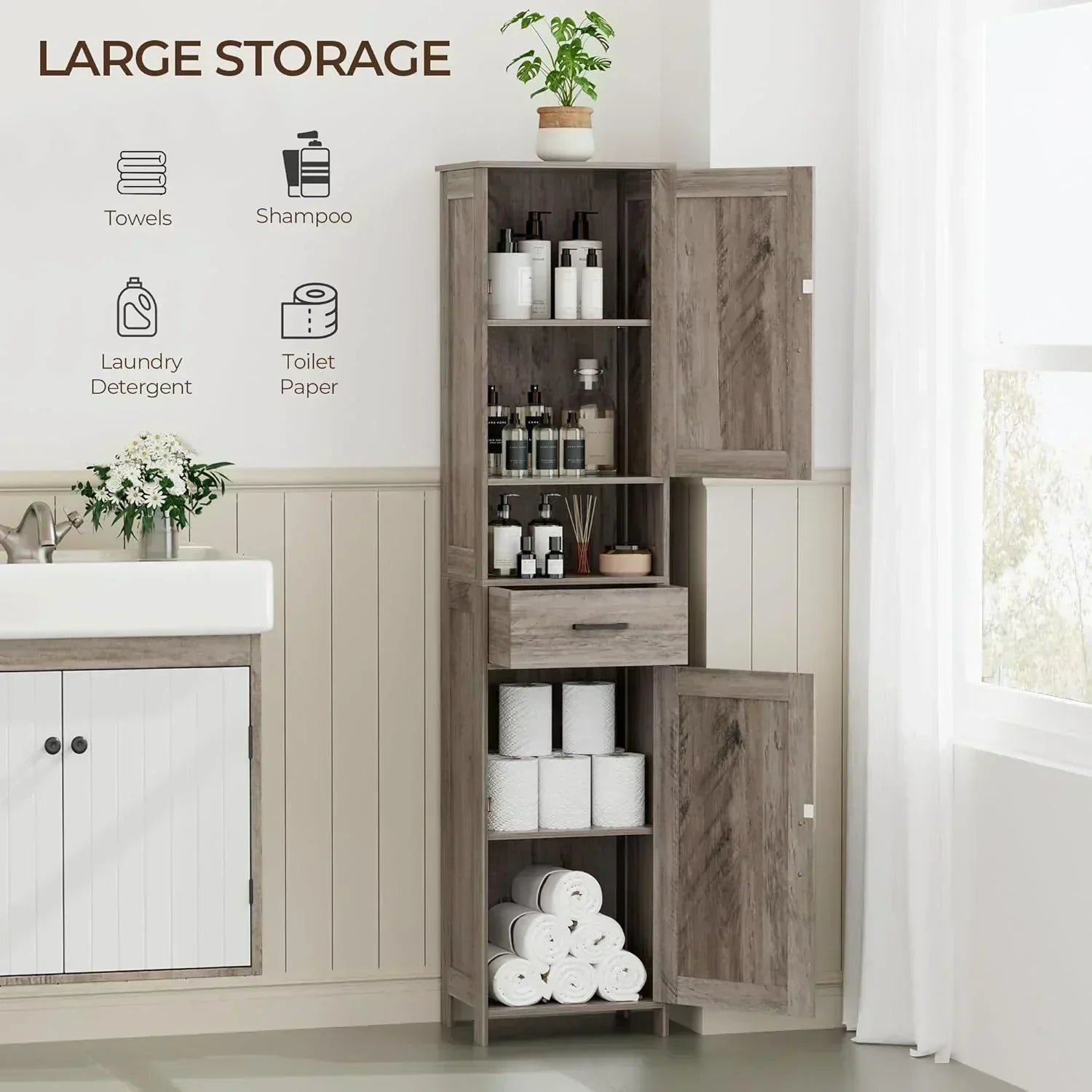 Homhedy 67" H Tall Bathroom Storage Cabinet with 2 Barn Doors and 1 Drawer Narrow Storage Unit