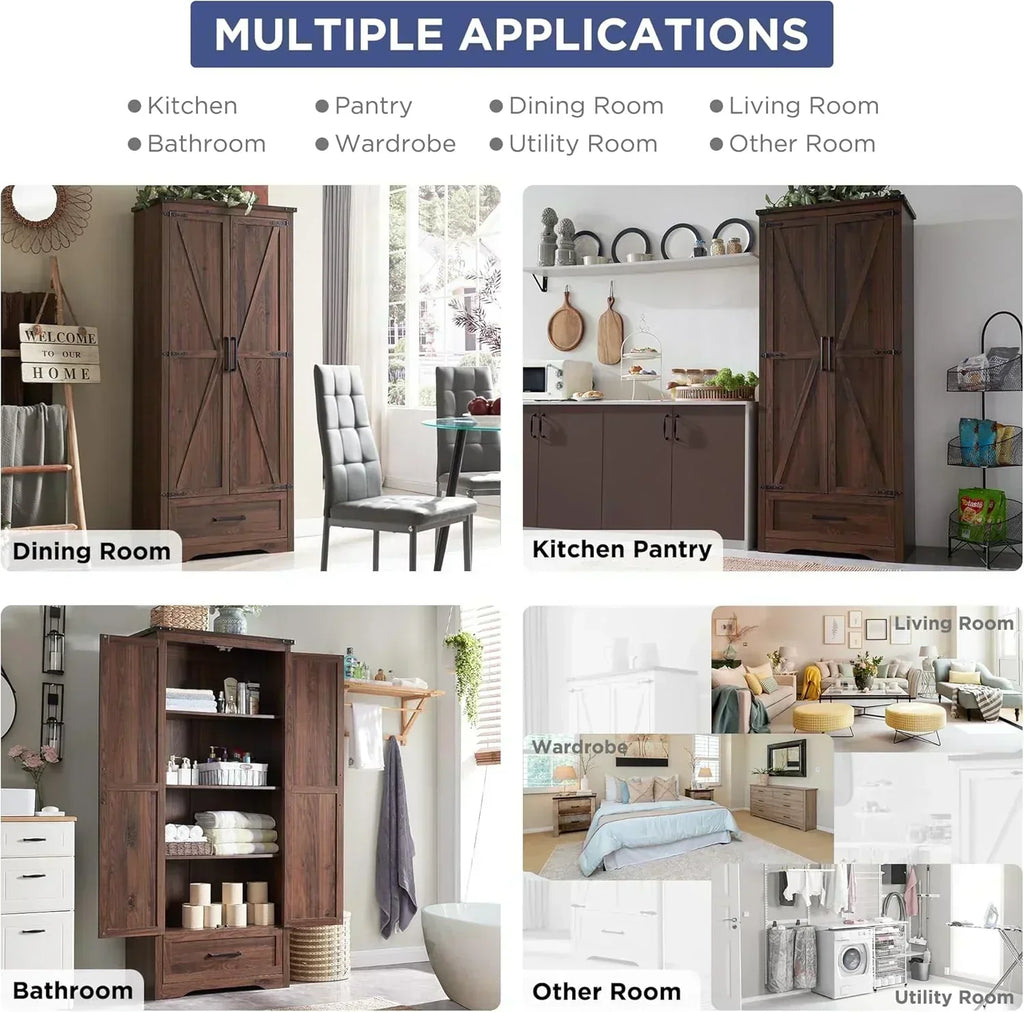 JXQTLINGMU Farmhouse Kitchen Pantry 72" Tall Wood Kitchen Storage Cabinet Adjustable Shelves