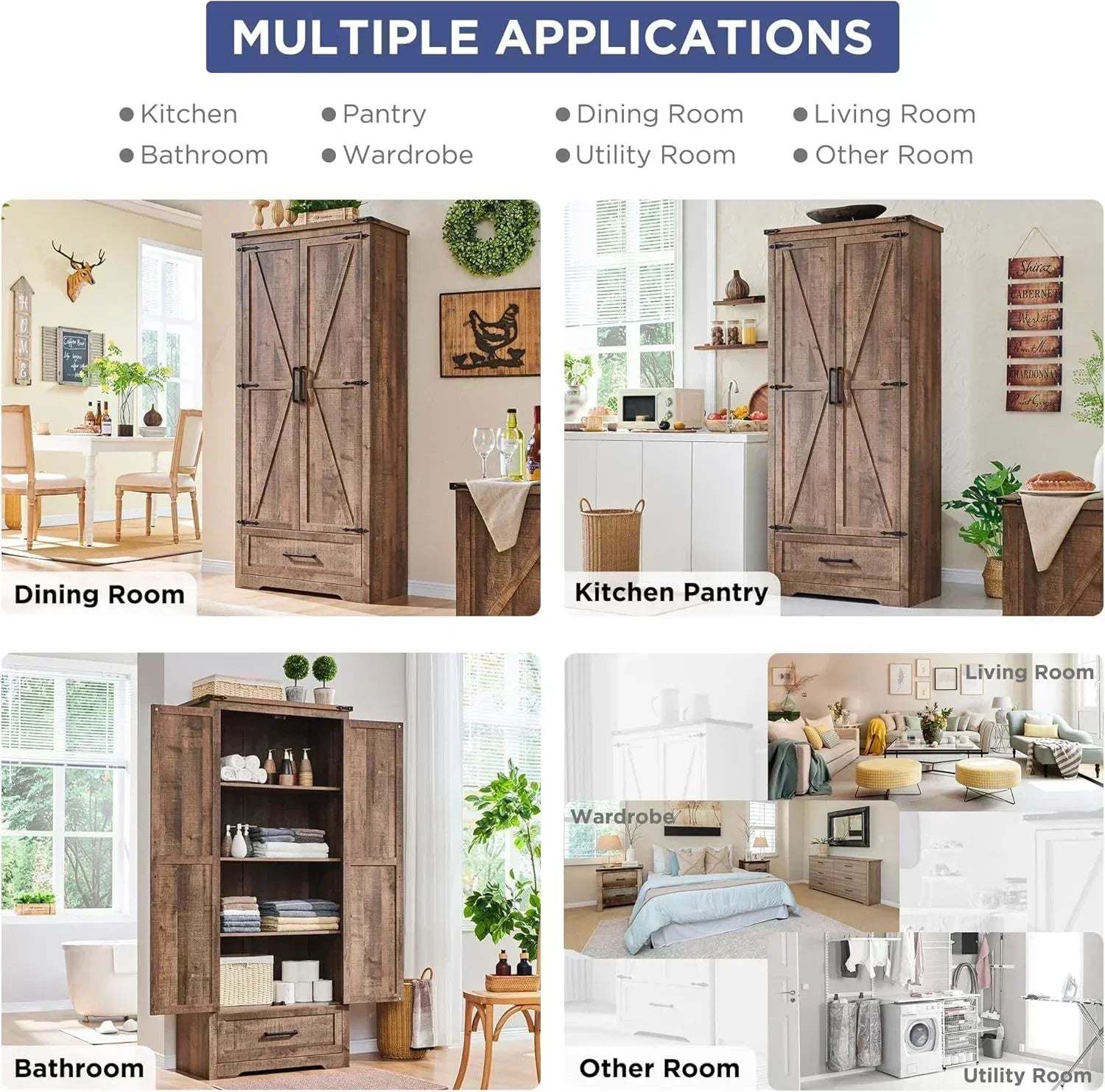 JXQTLINGMU Farmhouse Kitchen Pantry 72" Tall Wood Kitchen Storage Cabinet Adjustable Shelves