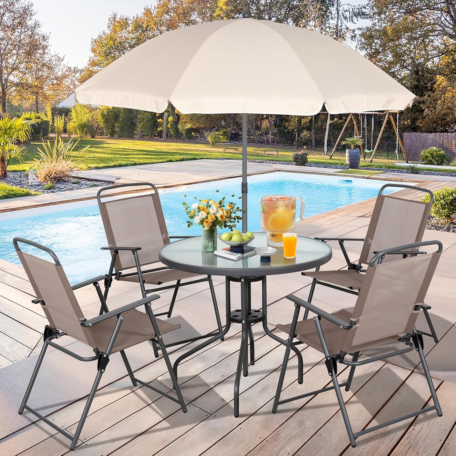 Vongrasig 6 Piece Folding Patio Dining Set,Small Metal Outdoor Garden Patio Table and Chair Set w/Umbrella for Lawn,Deck,Backyard,Black